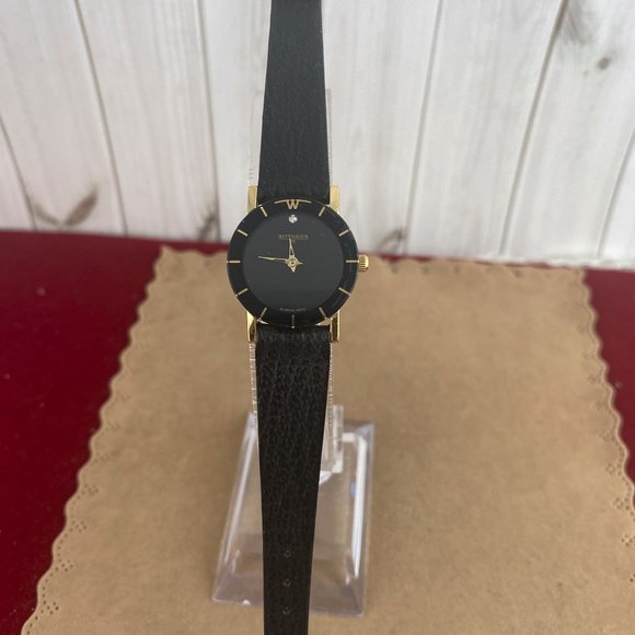 Vintage Wittnauer Diamond Watch Gold Tone New Black Leather Strap Black … - Picture 3 of 8
